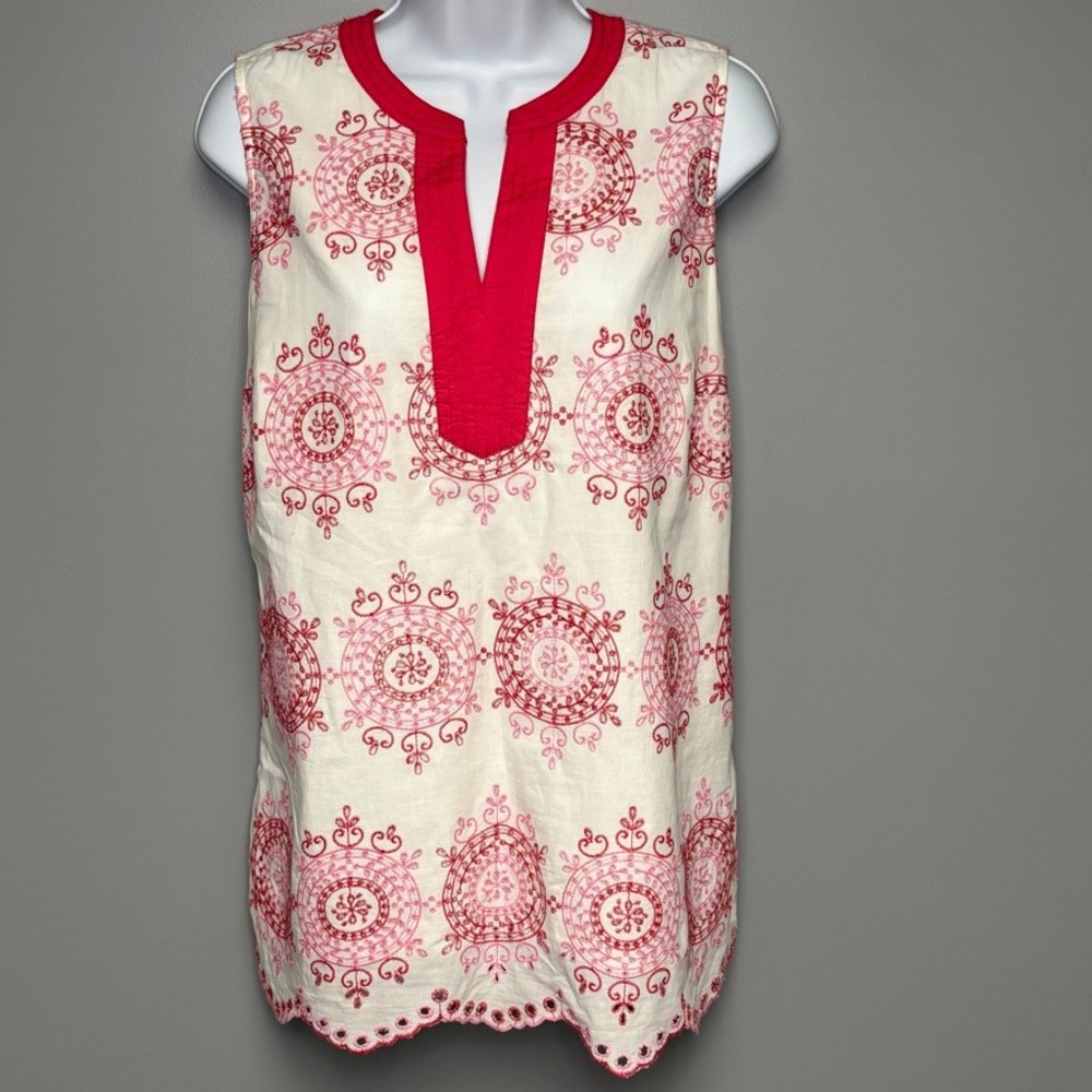 Talbots Pink Embroidered Medallion Scallop Hem Beachy Sleeveless Blouse Sz M